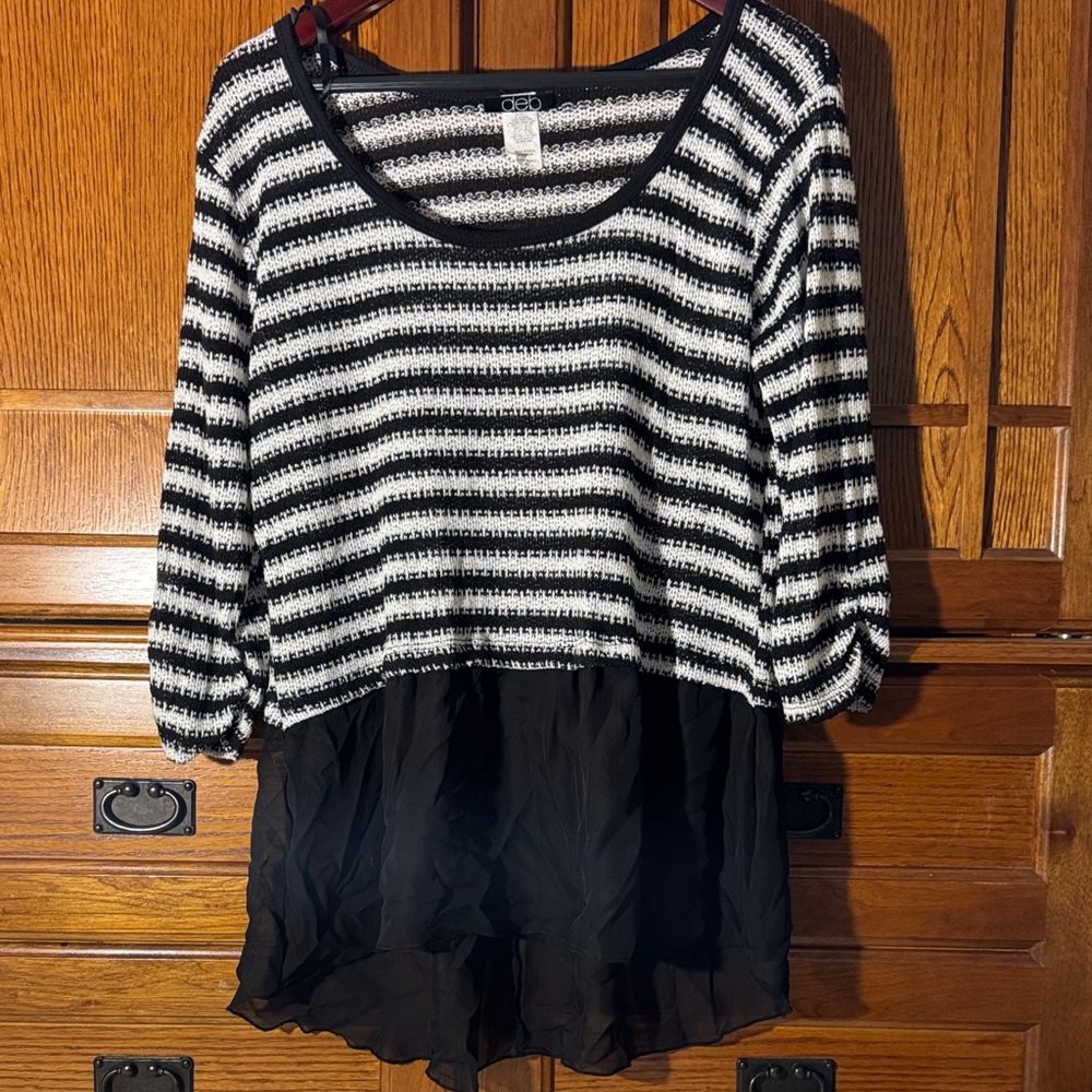 VTG Deb Striped Peplum Pullover Crewneck Sweater 3/4 Sleeve Sheer Hem Y2K